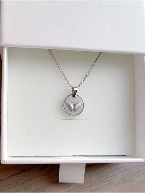 Twenty Compass Butterfly Medallion Necklace Stainless Steel Silver Tone 16-18in